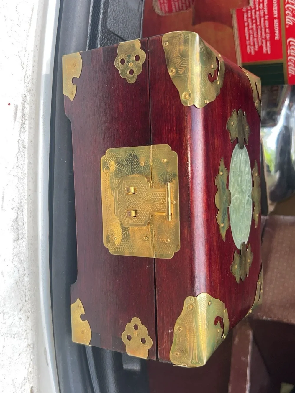 Vintage Red Wood Jewelry Box with Brass & Jade Accents